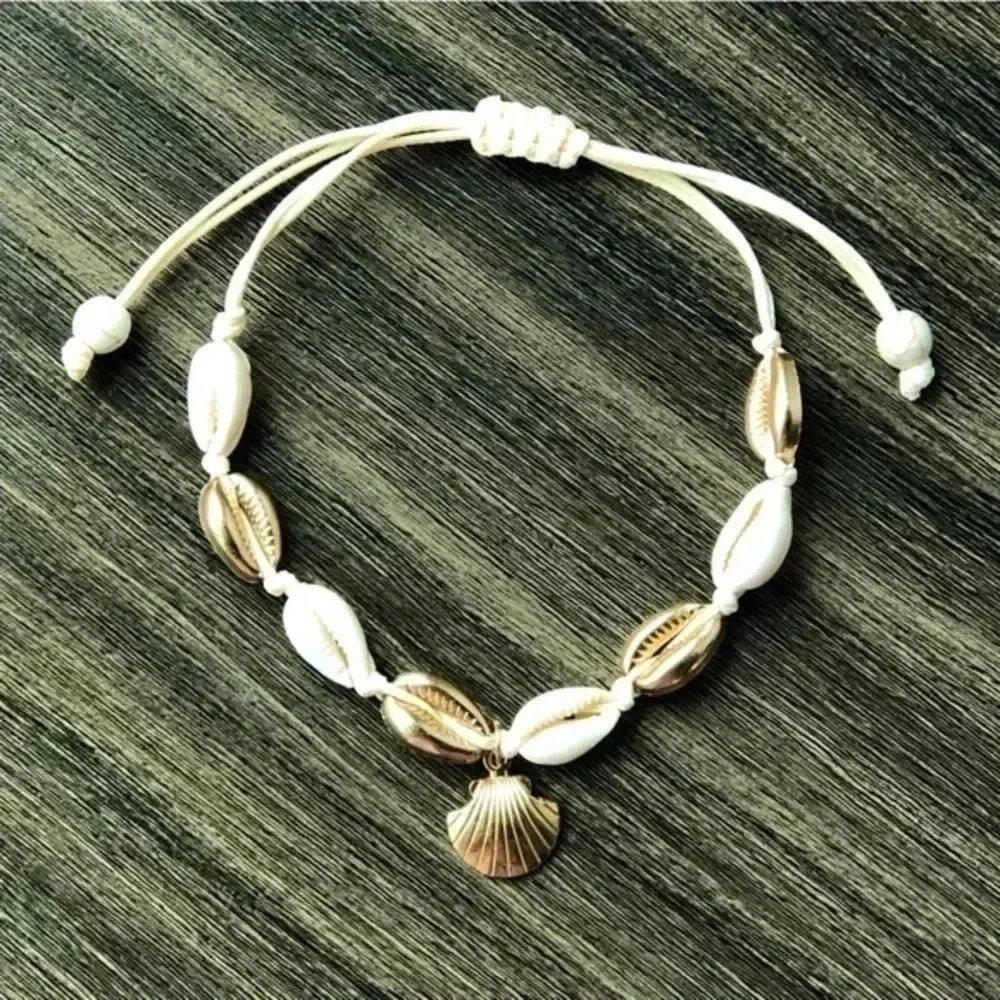 Real Puka Shell Seashell Summer Beach Ocean Slider Off White & Gold Anklet